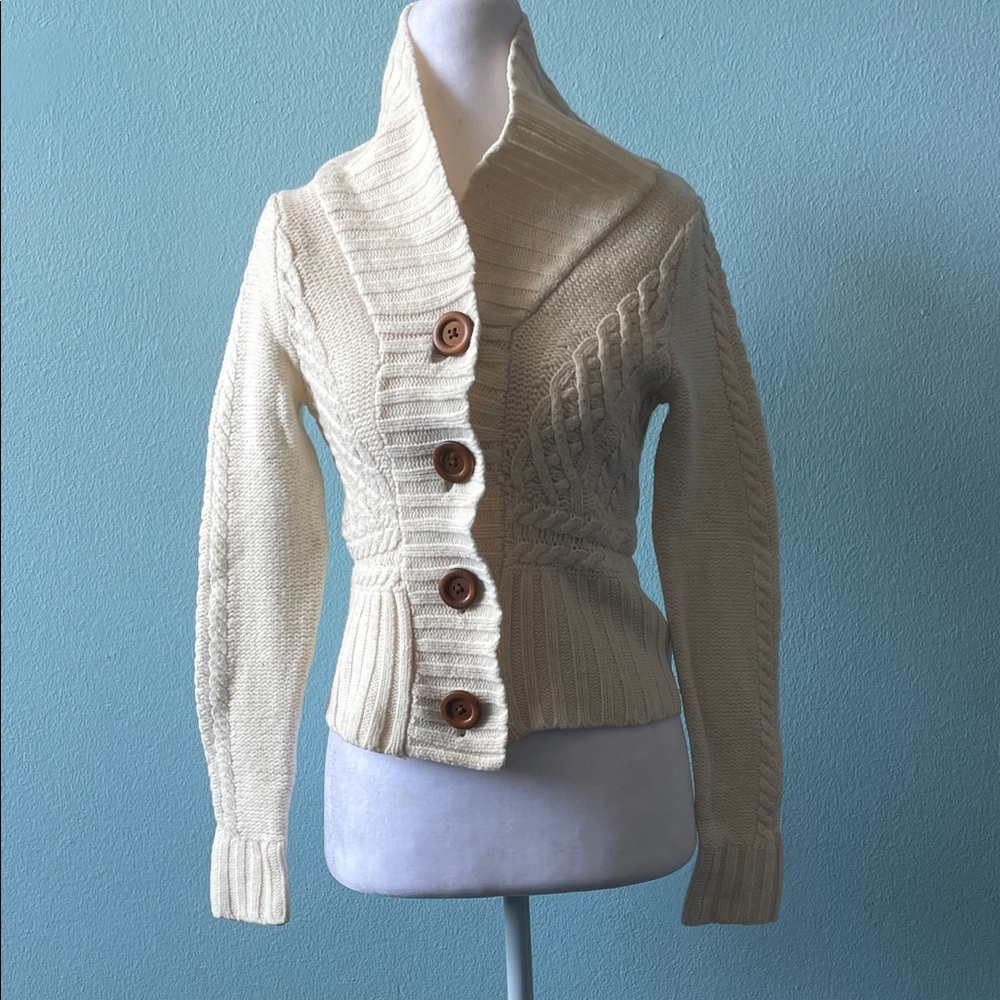 Shawl-Collar Cream Cable Knit Button Cardigan
